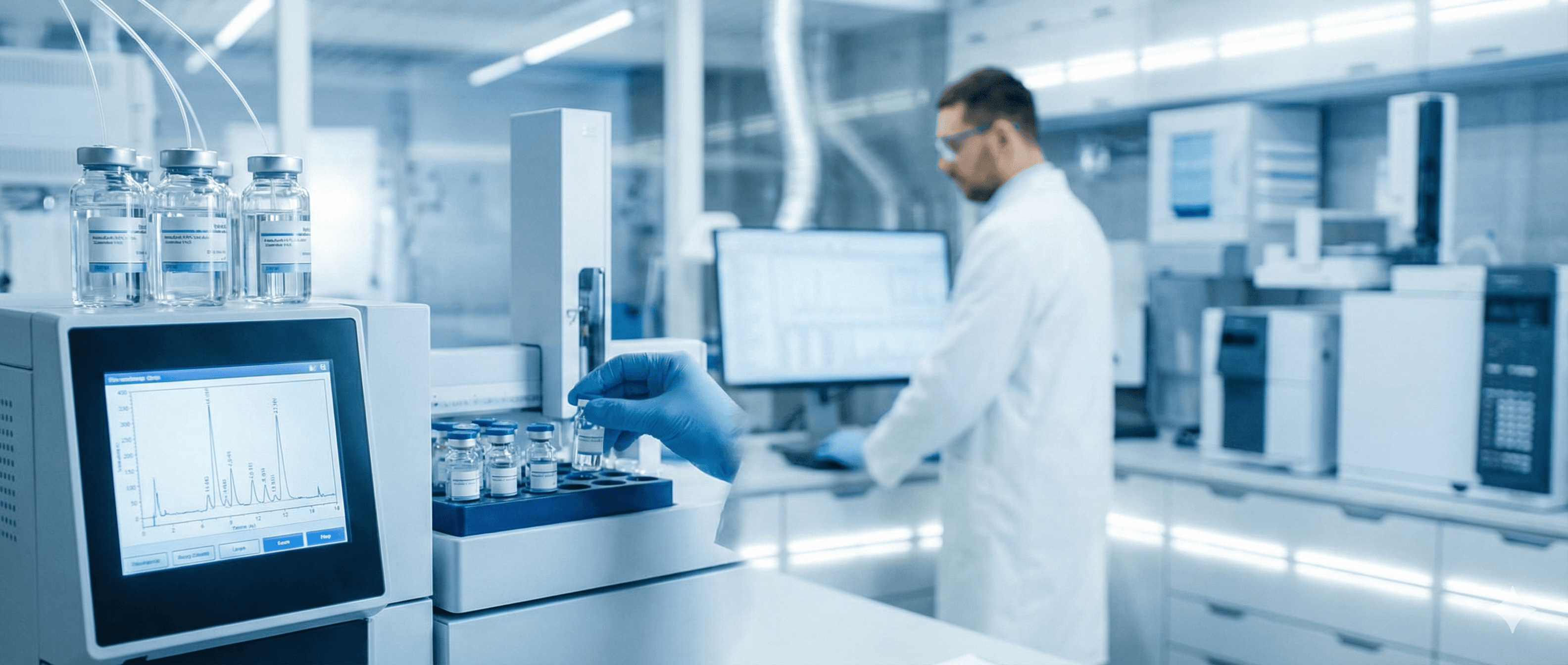 Analytical laboratory with HPLC chromatography equipment and research vials