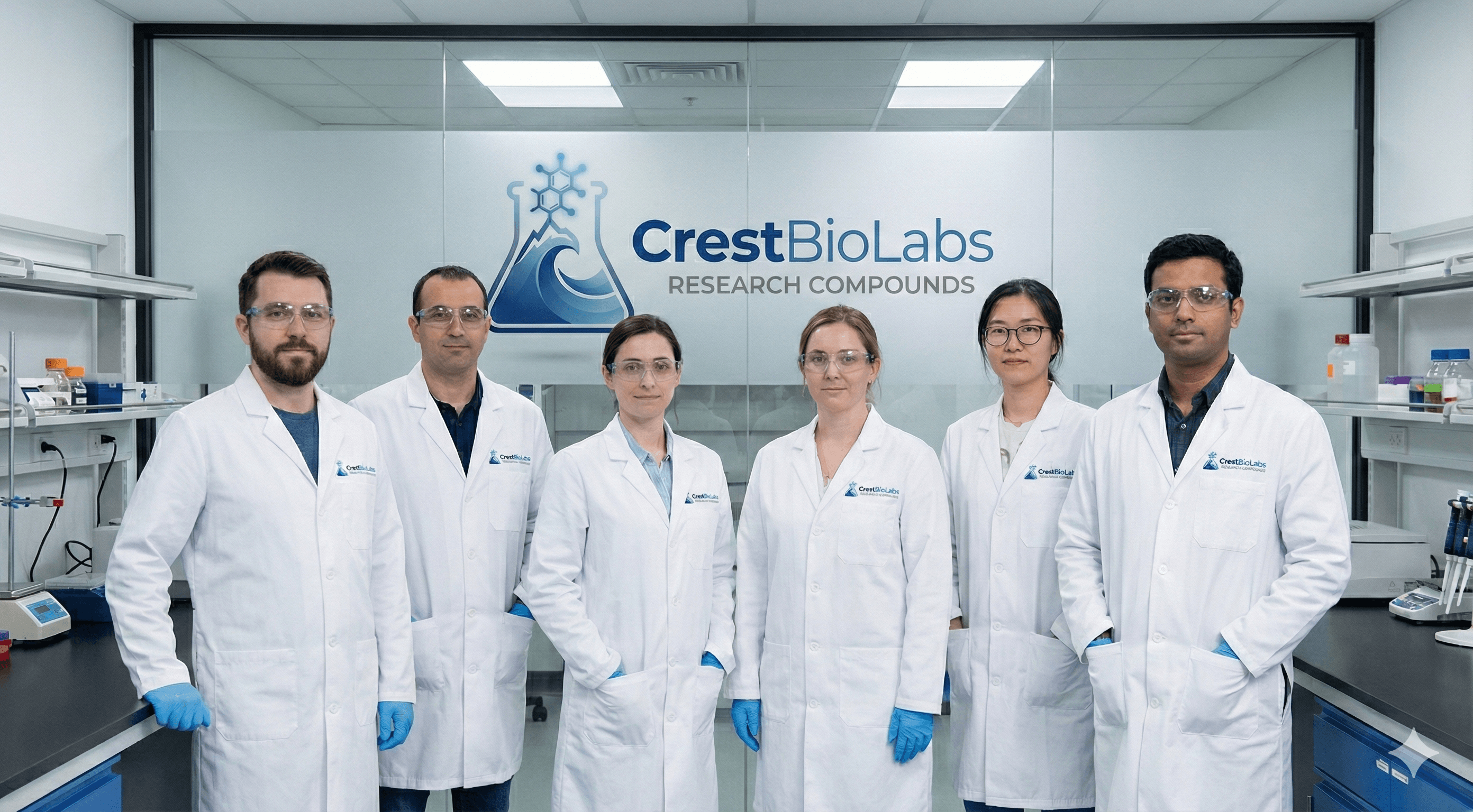 CrestBioLabs research team in laboratory with safety equipment and branded lab coats
