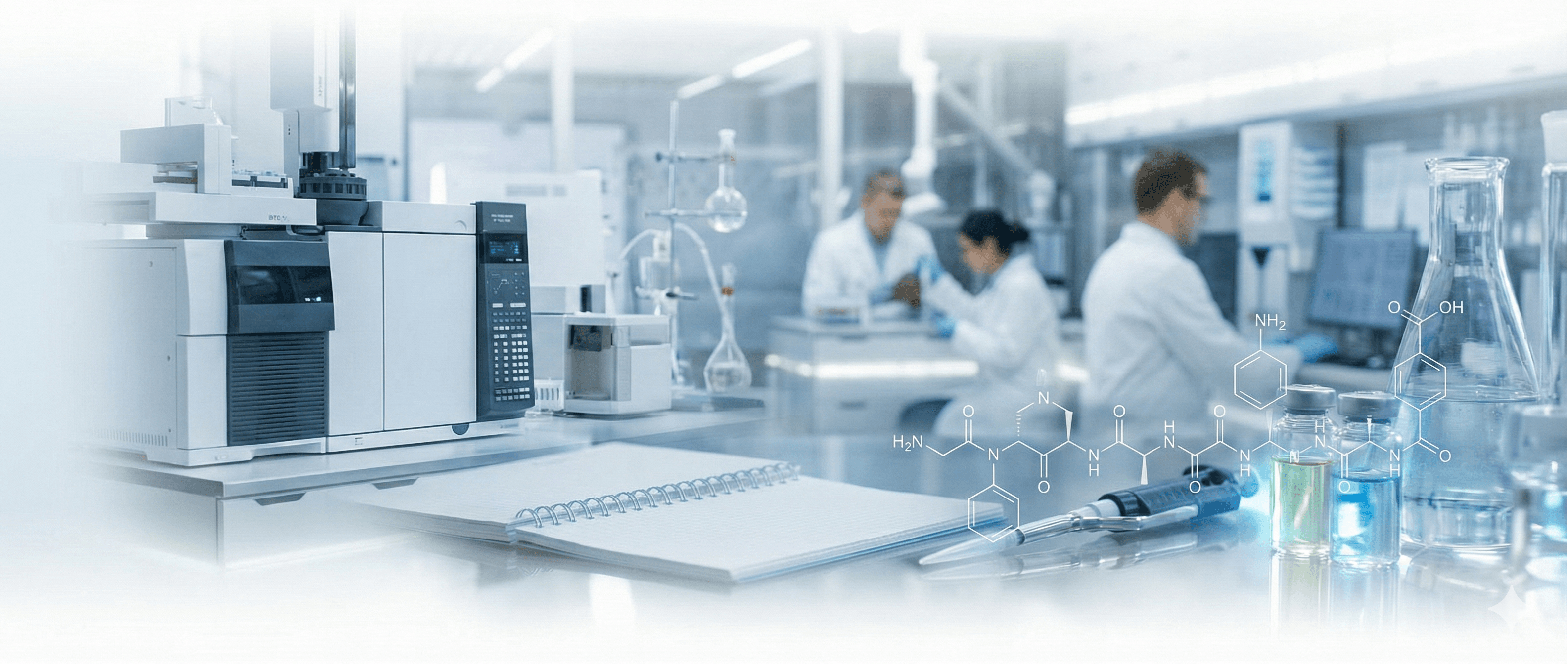 Laboratory environment with HPLC equipment and peptide molecular structures